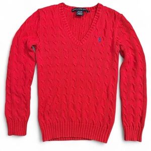 Vintage 90’s Ralph Lauren V-Neck Cotton Red Cable Knit Sweater Preppy Old Money